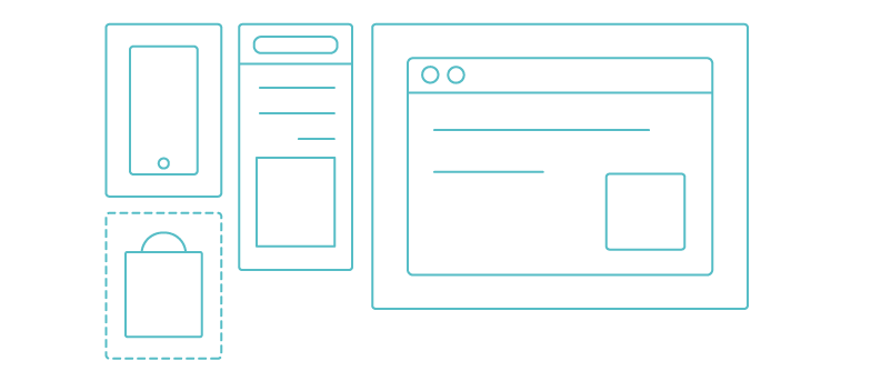 Contextual Targeting. A turquoise line drawing of a browser window, shopping bag, a smartphone. Each element is in their own square frame.