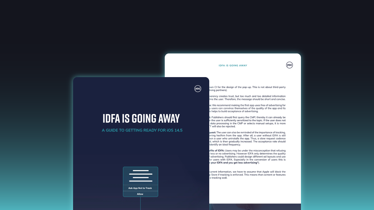 A cover of the whitepaper showing a turquoise to dark blue gradient with two pages on it. The first page has the name of the research study on it and an app window that says "Ask app not to track" and "Allow". The second page shows a text page from the whitepaper.