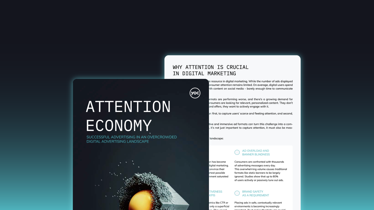 A cover of the whitepaper showing a gradient turquoise to dark blue gradient with two pages on it. The first page has the name of the research study on it and an abstract three d illustration of a cube made of tiny spheres with a big yellow sphere in the middle. The second page shows a text page from the whitepaper.