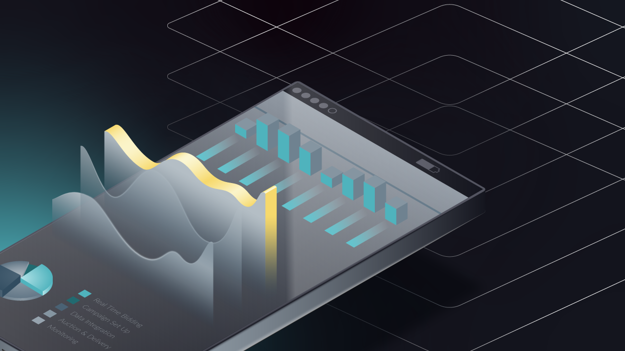 A three D illustration showing a grey device going from the bottom left to the center. On the device, there are different graphs in colors grey, yellow and turquoise. There's a gradient background with a white line drawing of a rhombus representing the VIS.X cube.