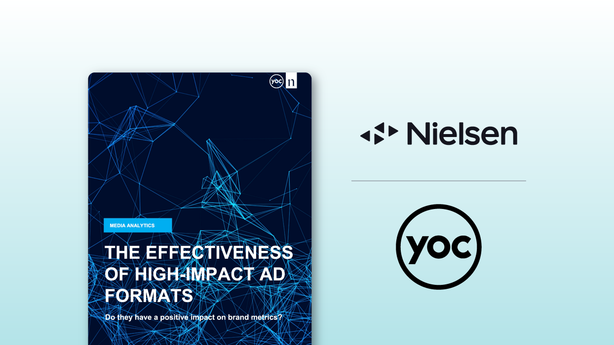 A cover of the research study showing and A4 page with technical abstract illustration in dark and light blues. The coves has the name of the research study on it. On the right side, there's two logos on top of each other in very dark blue. Top logo is Nielsen, bottom logo ist YOC.