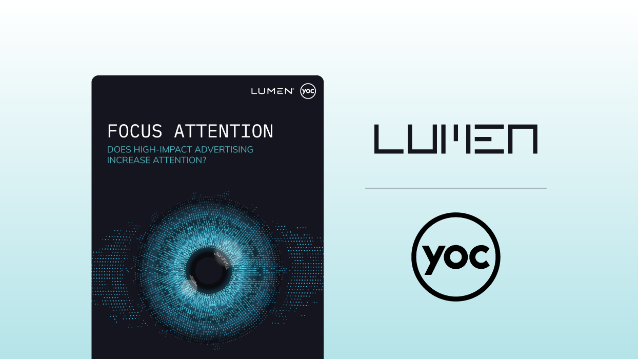 A cover of the research study showing an A4 page with an image of an eye made up of blue binary code consisting of ones and zeros. The cover has the name of the research study on it. On the right side, there's two logos on top of each other in very dark blue. Top logo is Lumen, bottom logo ist YOC.