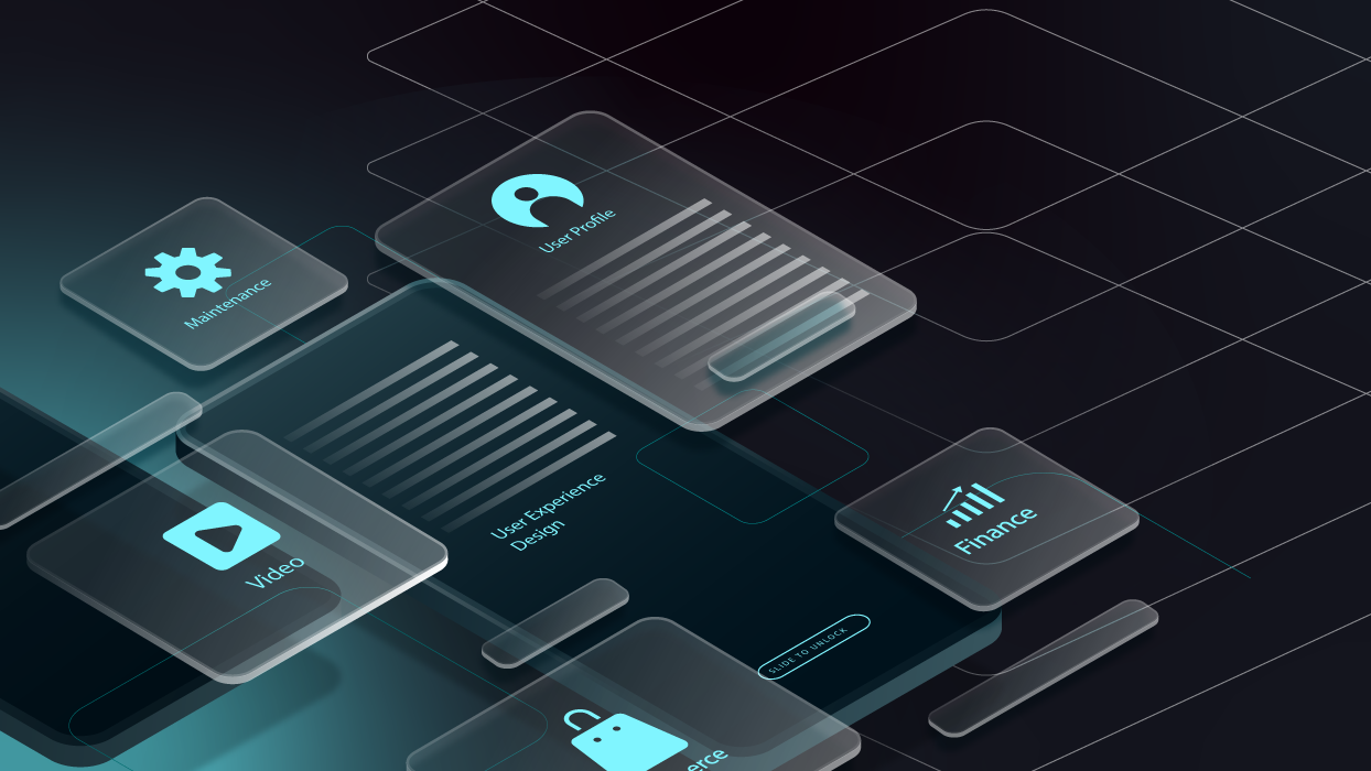 Three D illustration containing multiple transparent screens layered over each other. The screens have lines representing text and icons on them. The icons are User Profile, Finance, User Experience Design, Video, Maintenance and so on.