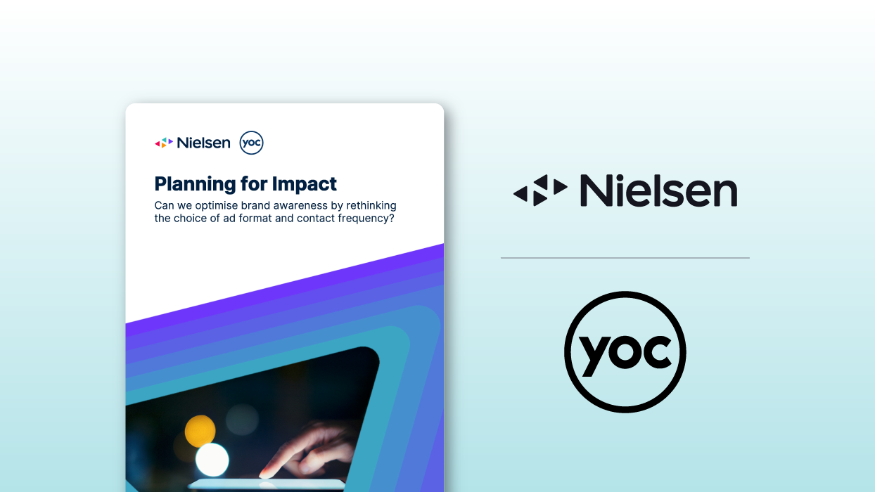 A cover of the research study showing and A4 page with a photo of a hand with a finger on a phone, surrounded by a gradient of lines from turquoise to purple. The coves has the name of the research study on it. On the right side, there's two logos on top of each other in very dark blue. Top logo is Nielsen, bottom logo ist YOC.