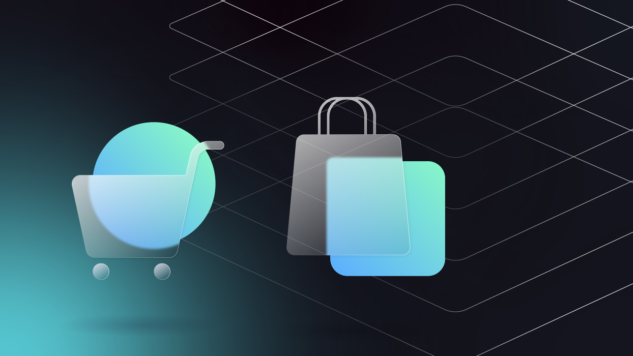 A three D illustration showing flat forms of a shopping bag and a shopping cart in transparent style. Behind those there are a decorative circle and a square in a gradient of blue and turquoise. There's a gradient background with a white line drawing of a rhombus representing the VIS.X cube.